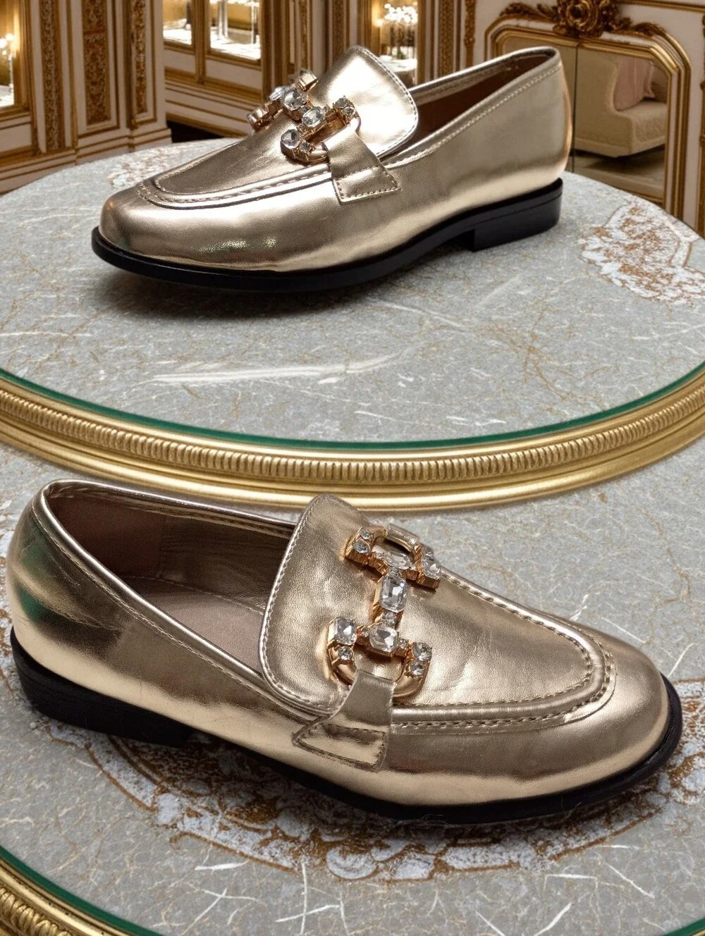 New Rag & Co Women's Metallic Gold Dendron Diamante Loafers with Crystal Accents